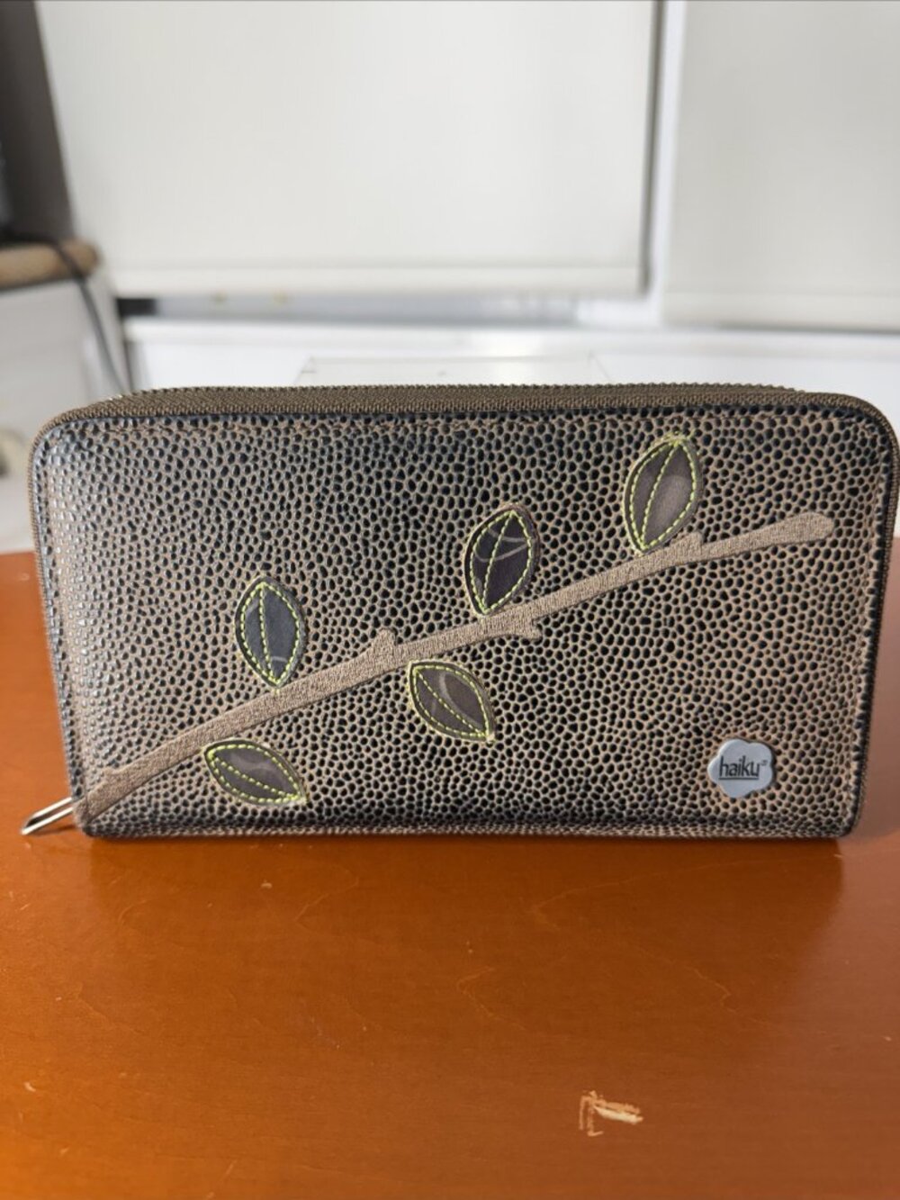 Haiku Wallet Clutch Purse Textured Faux Leather Twig Leaf Applique Zippered